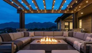 Covered outdoor living space in Utah with fire pit, comfortable seating, and mountain views at dusk