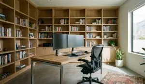 Modern home office design with built-in storage, dual monitor setup, and natural lighting from side window