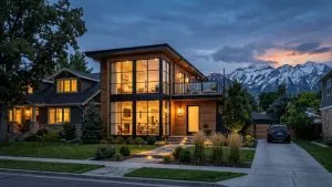 Beautiful home addition in Salt Lake City Utah with Wasatch Mountains at sunset
