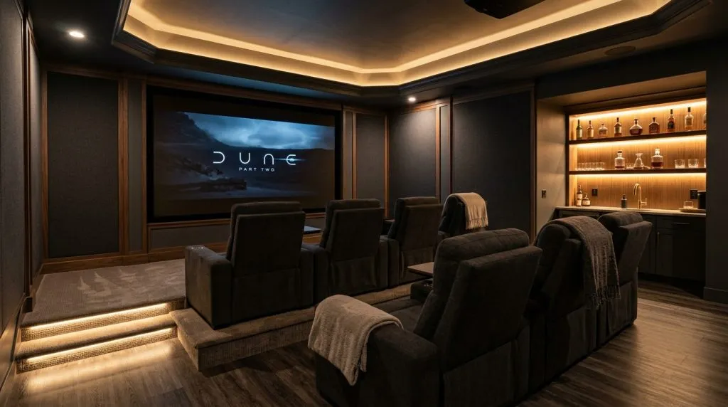 Custom home theater in finished basement remodeling in Salt Lake City