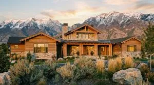 Custom home builder Utah mountain modern exterior Wasatch Range evening