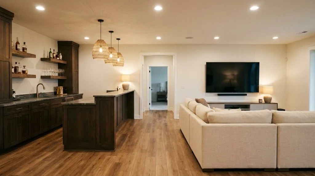 Finished basement buildout entertainment room bar Utah home
