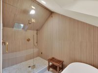 Modern bathroom with wooden wall paneling, walk-in shower with glass enclosure, soaking tub, and brass fixtures